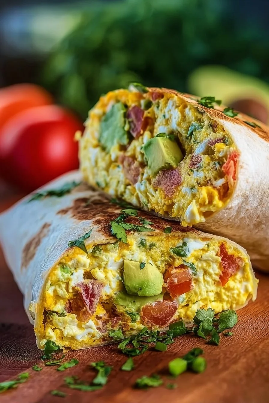 High-protein breakfast wrap with cottage cheese and avocado on a plate
