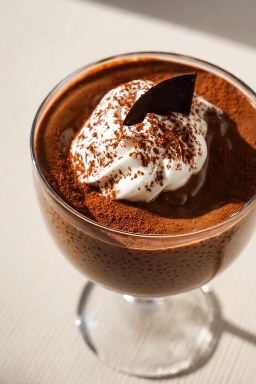 High protein chocolate chia seed pudding topped with chocolate and berries