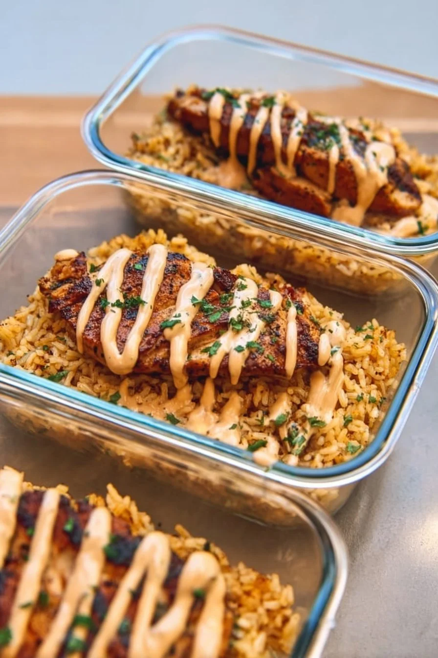 High Protein Creamy Cajun Chicken served with rice in a bowl
