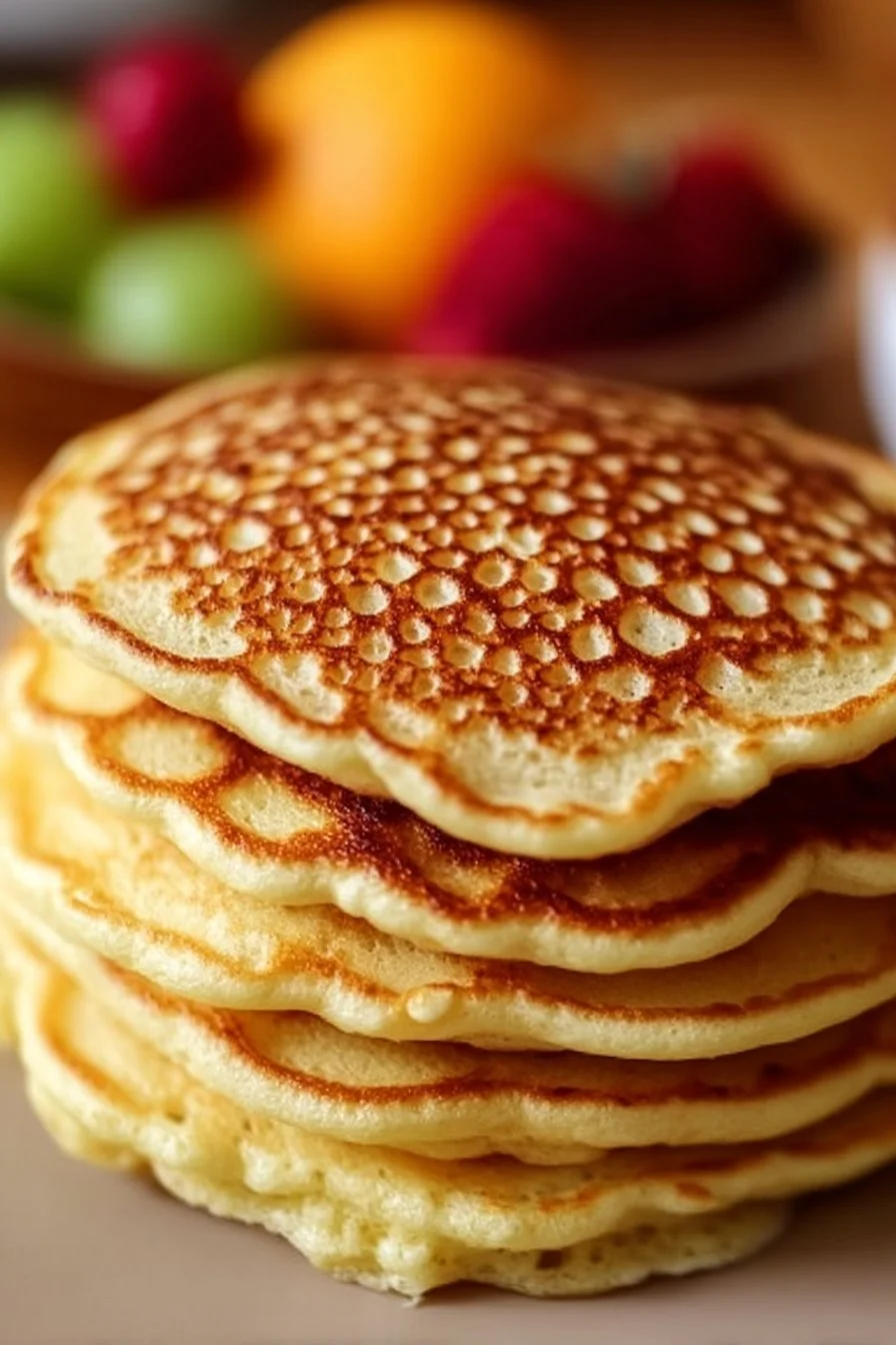 High-protein fluffy pancakes stacked on a plate, drizzled with syrup.