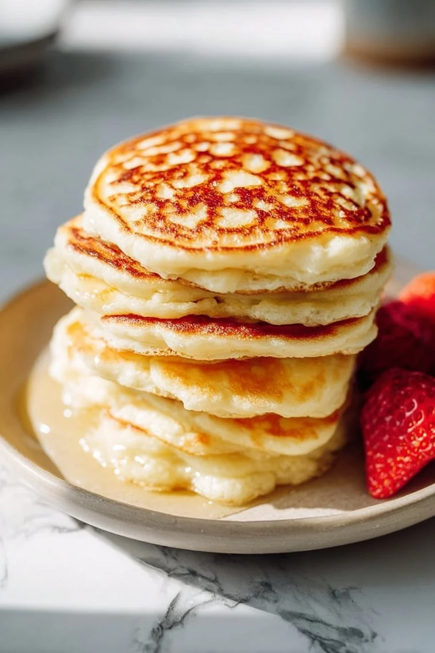 Stack of high-protein fluffy pancakes with syrup and berries