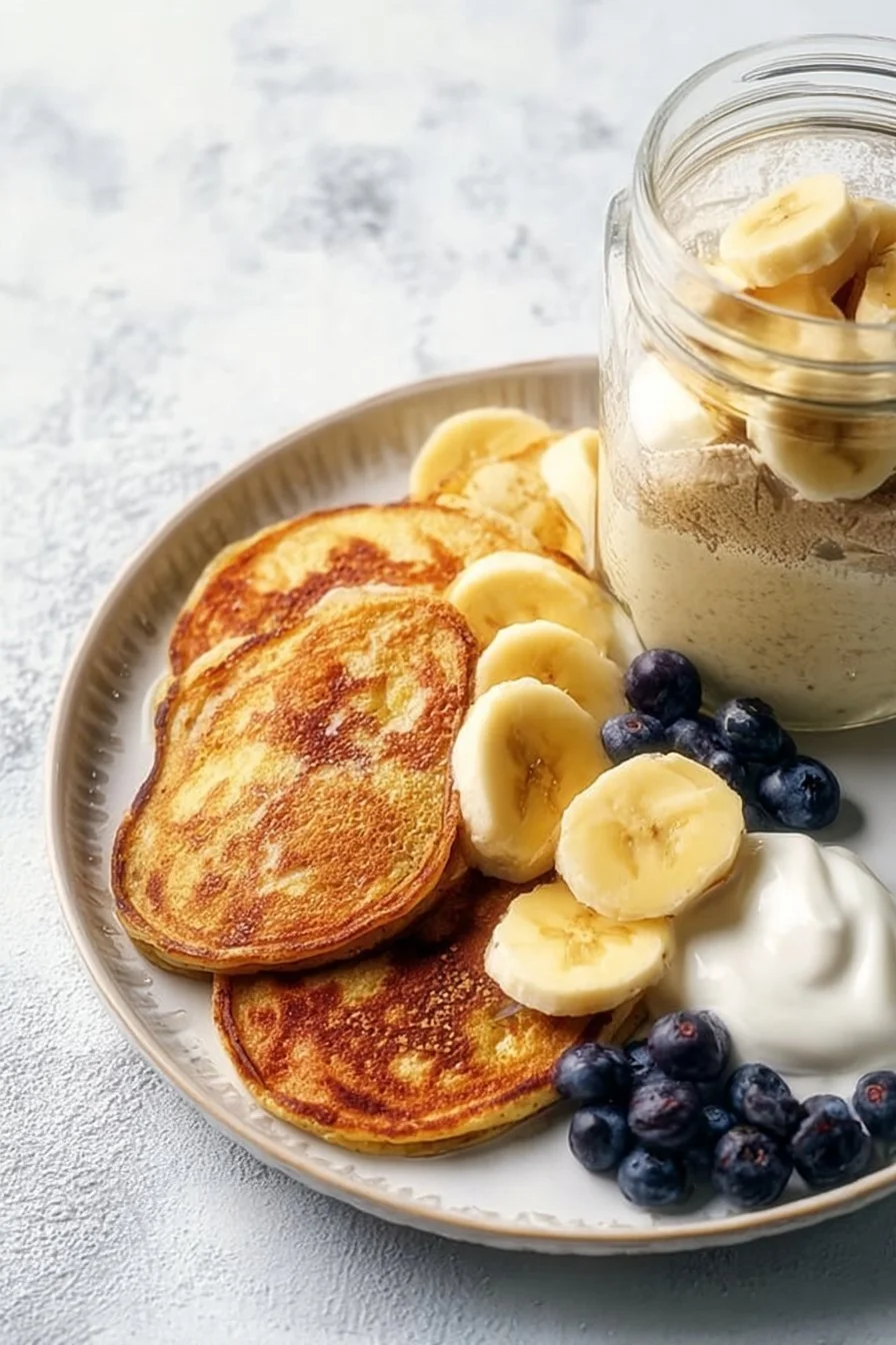 Stack of high protein pancakes topped with fresh berries and maple syrup.