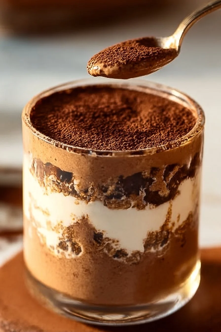 Bowl of high protein tiramisu overnight oats topped with cocoa and coffee.