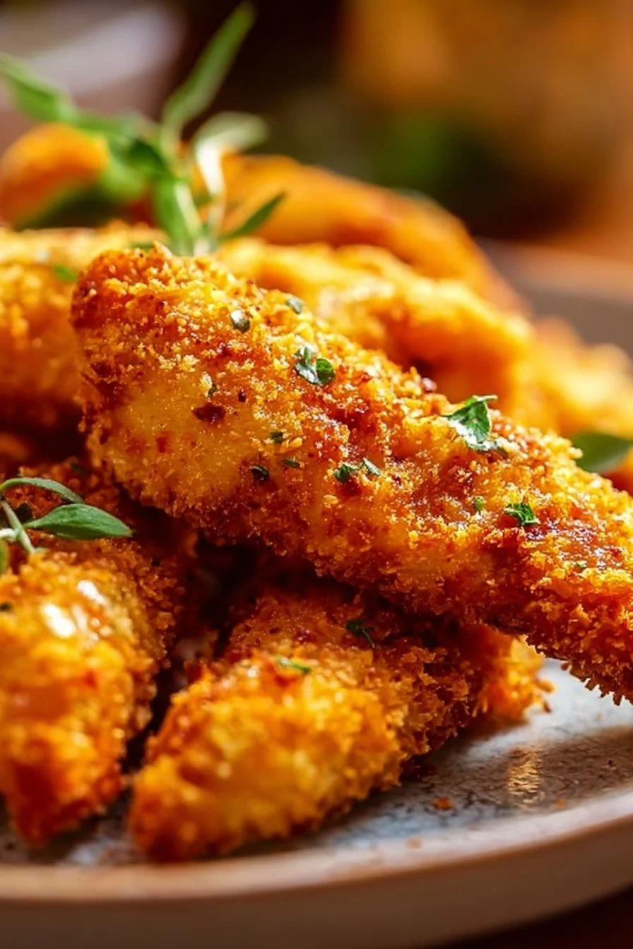 Crispy homemade baked chicken tenders on a plate with dipping sauce.