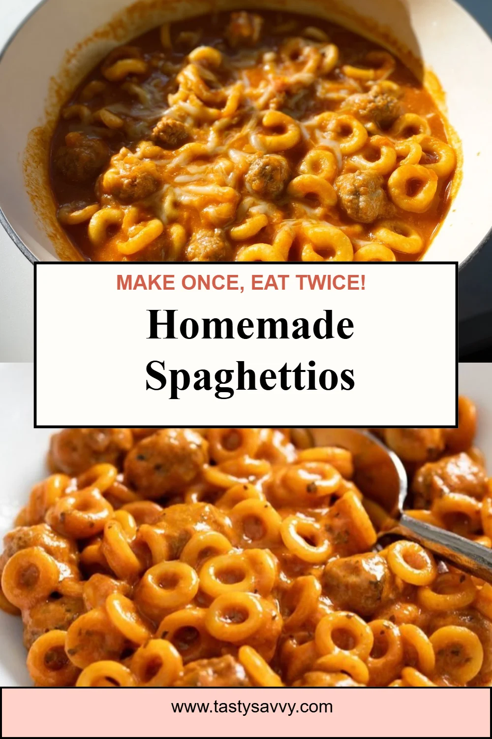 Bowl of homemade Spaghettios with fresh ingredients and rich sauce