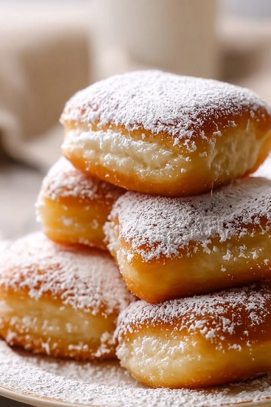 Delicious homemade vanilla beignets dusted with powdered sugar on a plate.