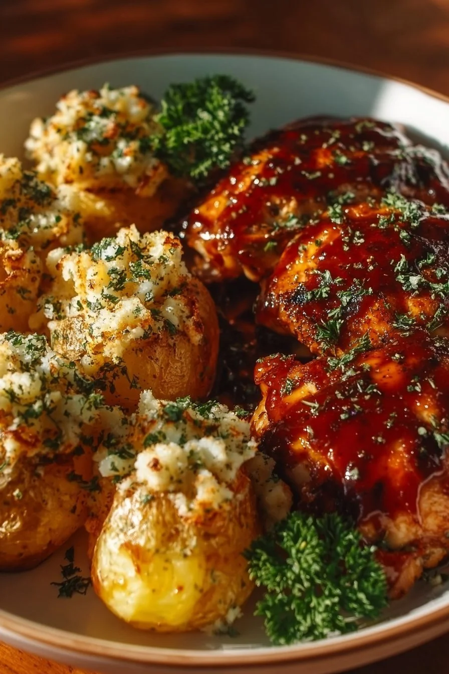 Honey BBQ Chicken with Garlic Parmesan Potatoes Honey BBQ Chicken Delicious Honey BBQ Chicken served with Garlic Parmesan Potatoes on a plate.