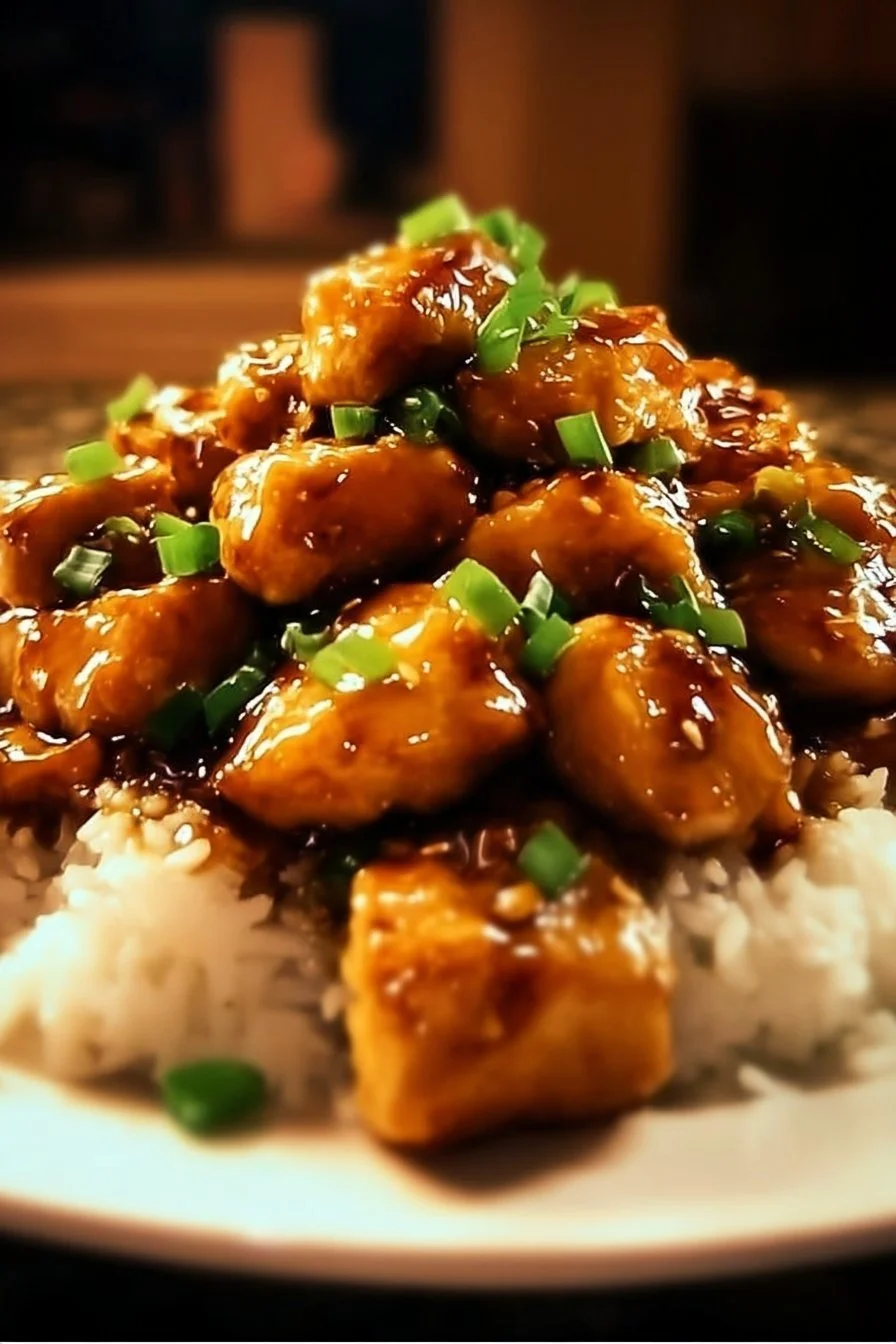 Delicious Honey Garlic Chicken garnished with green onions and sesame seeds