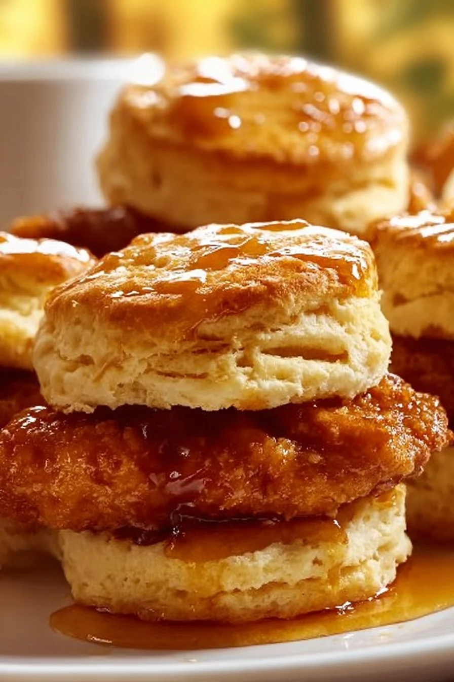 Hot Honey Chicken Biscuits served on a plate with honey drizzle