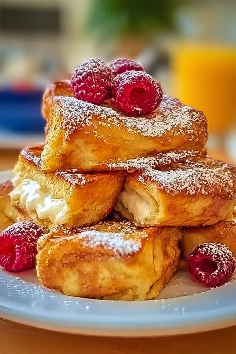 Delicious Hawaiian Roll French Toast topped with syrup and berries.