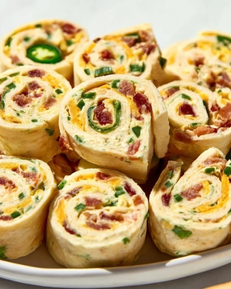 Delicious jalapeno poppers pinwheels served on a platter for a festive appetizer.