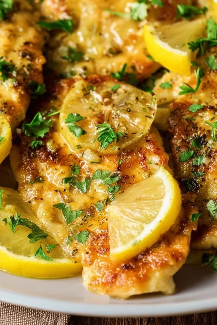 Lemon chicken with lemon butter sauce served on a plate