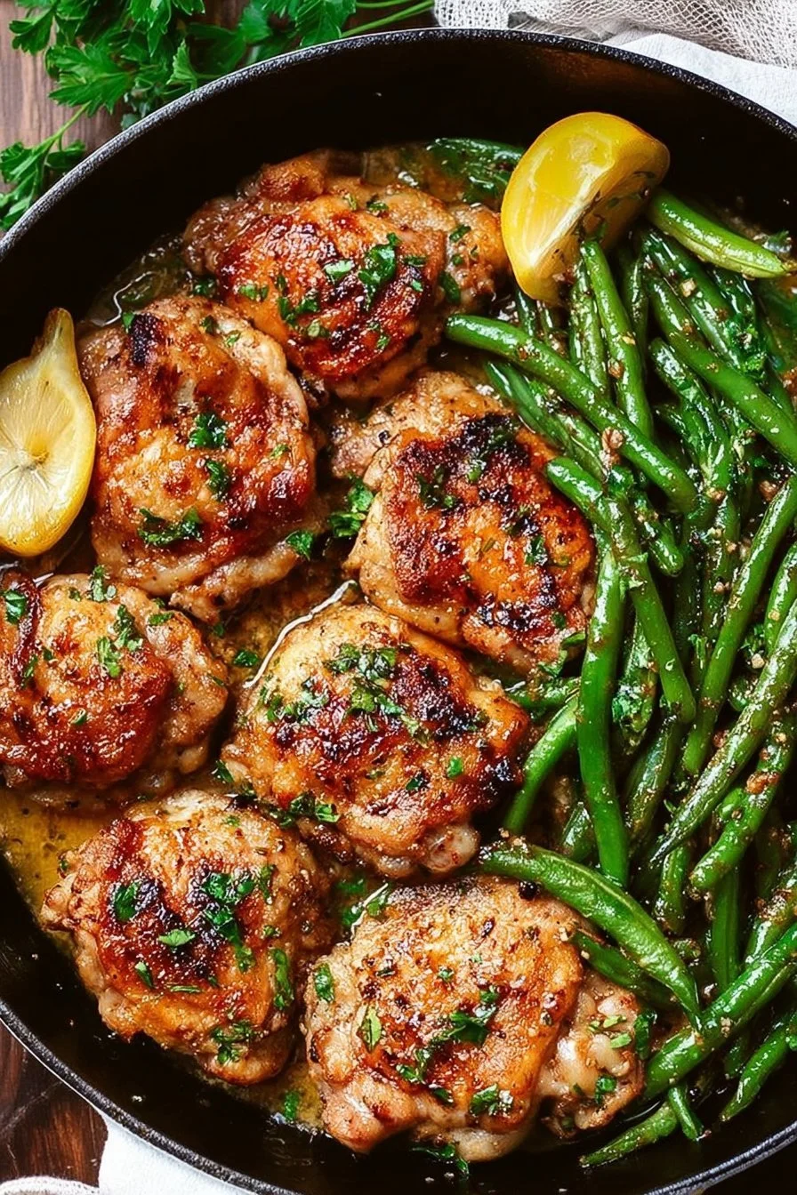 Lemon Garlic Butter Chicken skillet with green beans for a savory dinner