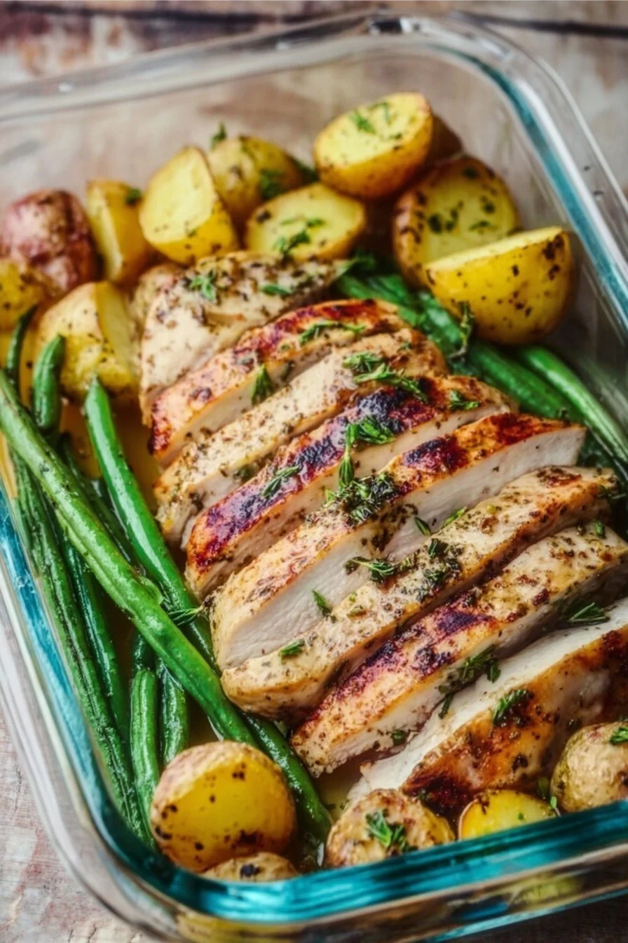 Lemon Garlic Chicken meal prep in meal containers for healthy eating.