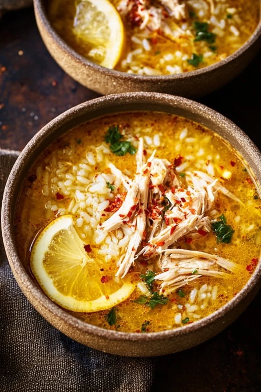 Bowl of Lemon Ginger Turmeric Chicken and Rice Soup with fresh ingredients