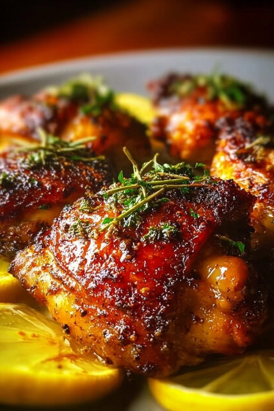 Lemon Paprika Roast Chicken Thighs on a platter, garnished with fresh herbs