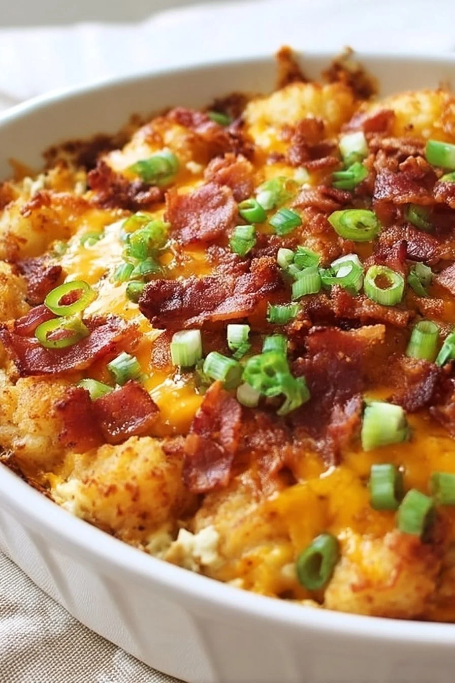 Loaded tater tot casserole with eggs, cheese, and bacon on a plate