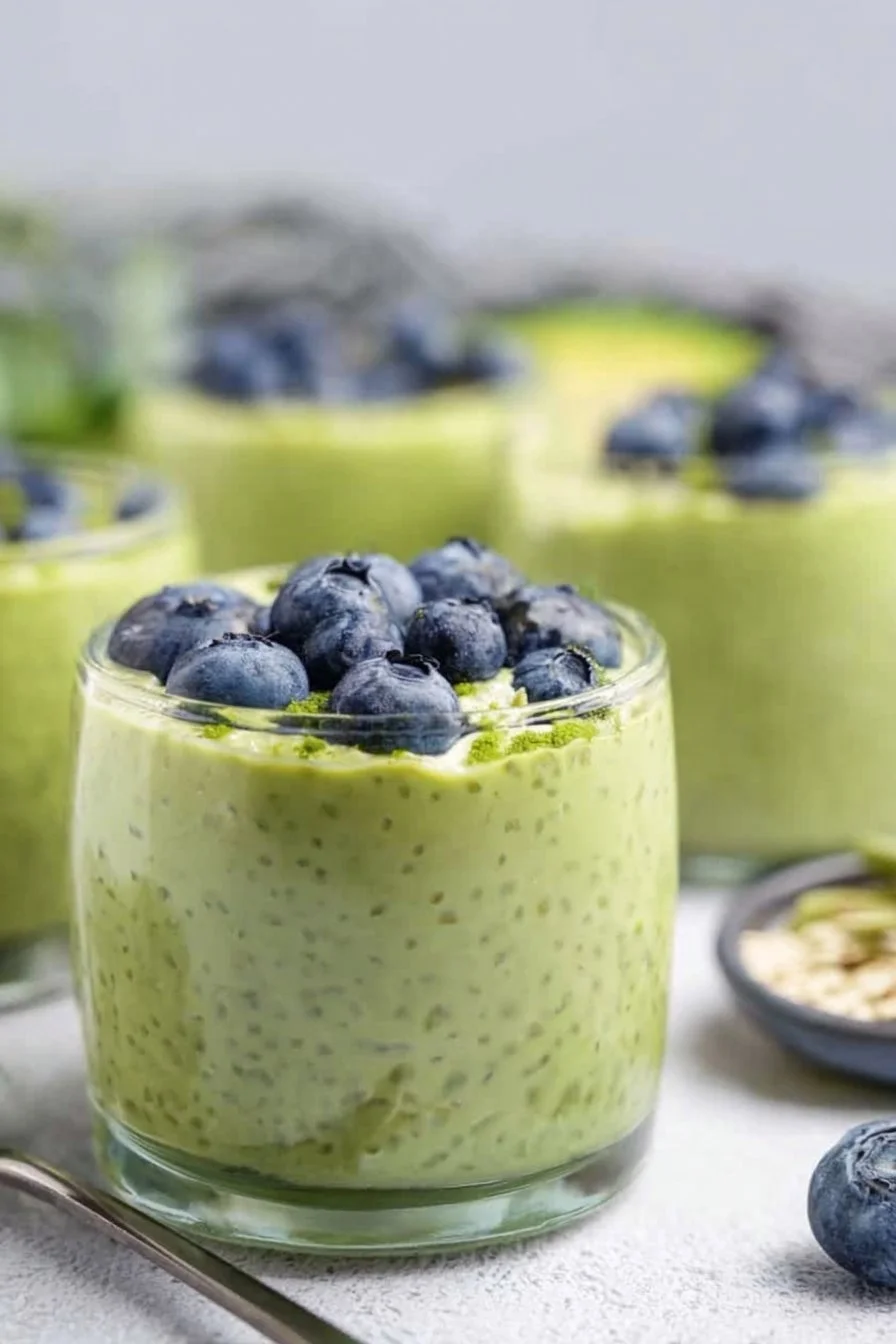 A bowl of matcha overnight oats topped with fruits and nuts