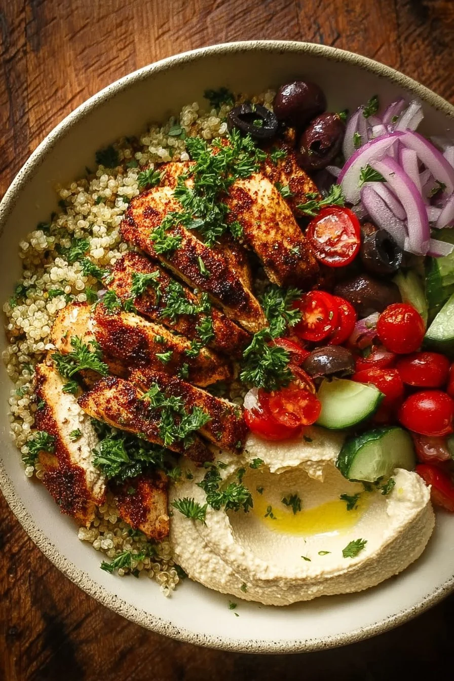 Mediterranean Chicken Bowl with vegetables and grains served in a bowl