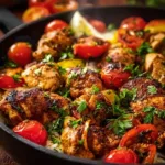 Mediterranean chicken skillet with colorful vegetables in a pan