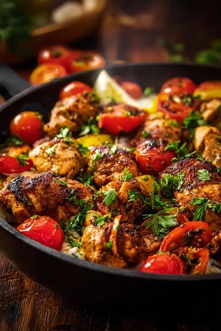 Mediterranean chicken skillet with colorful vegetables in a pan