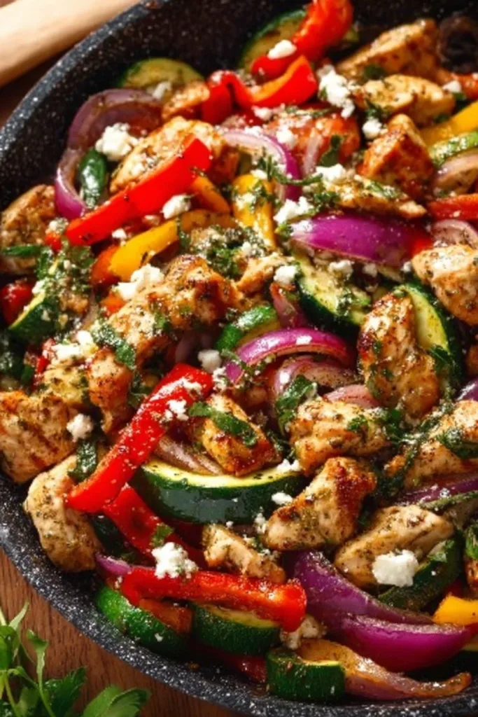 Delicious Mediterranean Chicken Stir Fry with fresh vegetables and zesty herbs