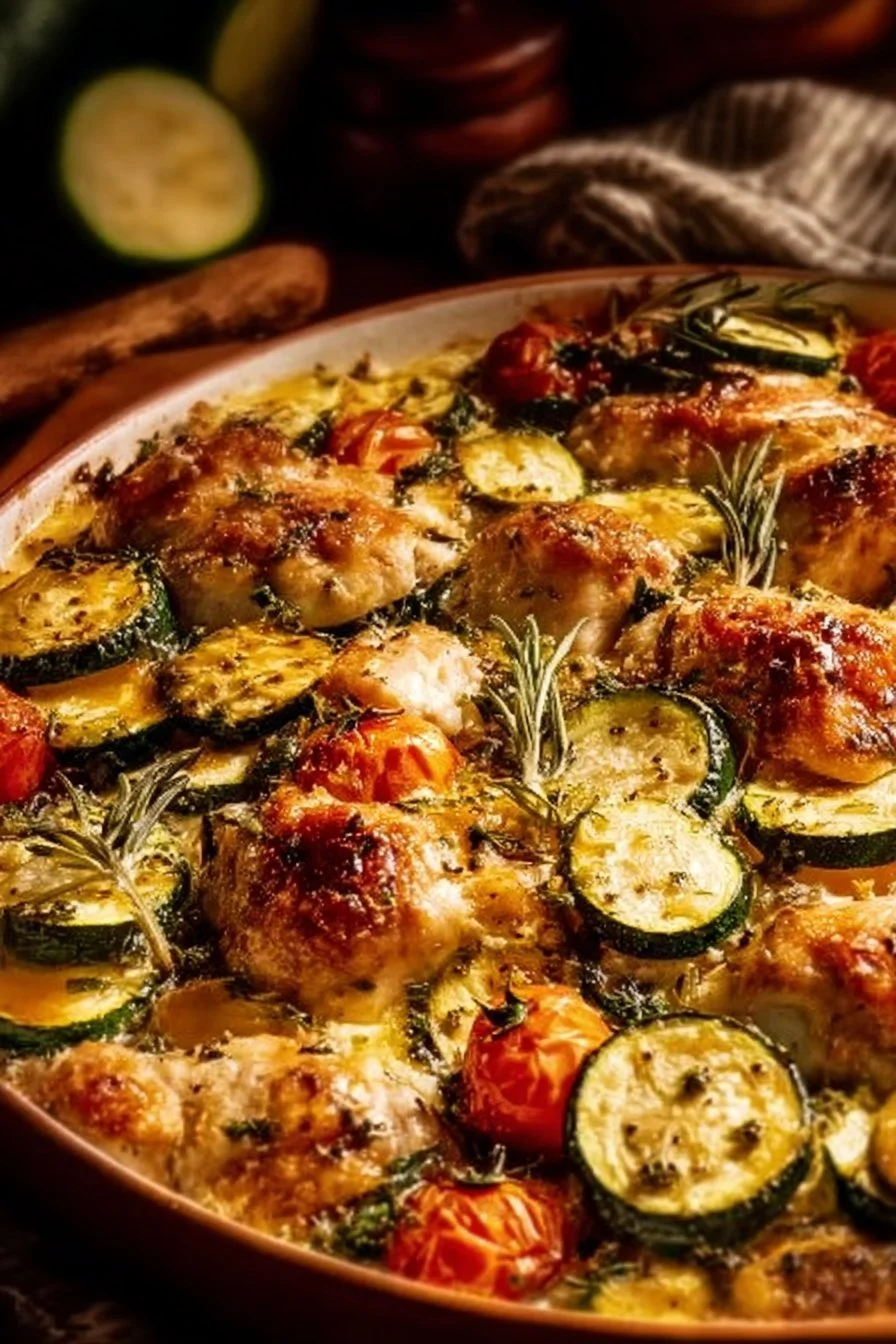 Mediterranean Chicken Zucchini Bake with fresh vegetables and herbs