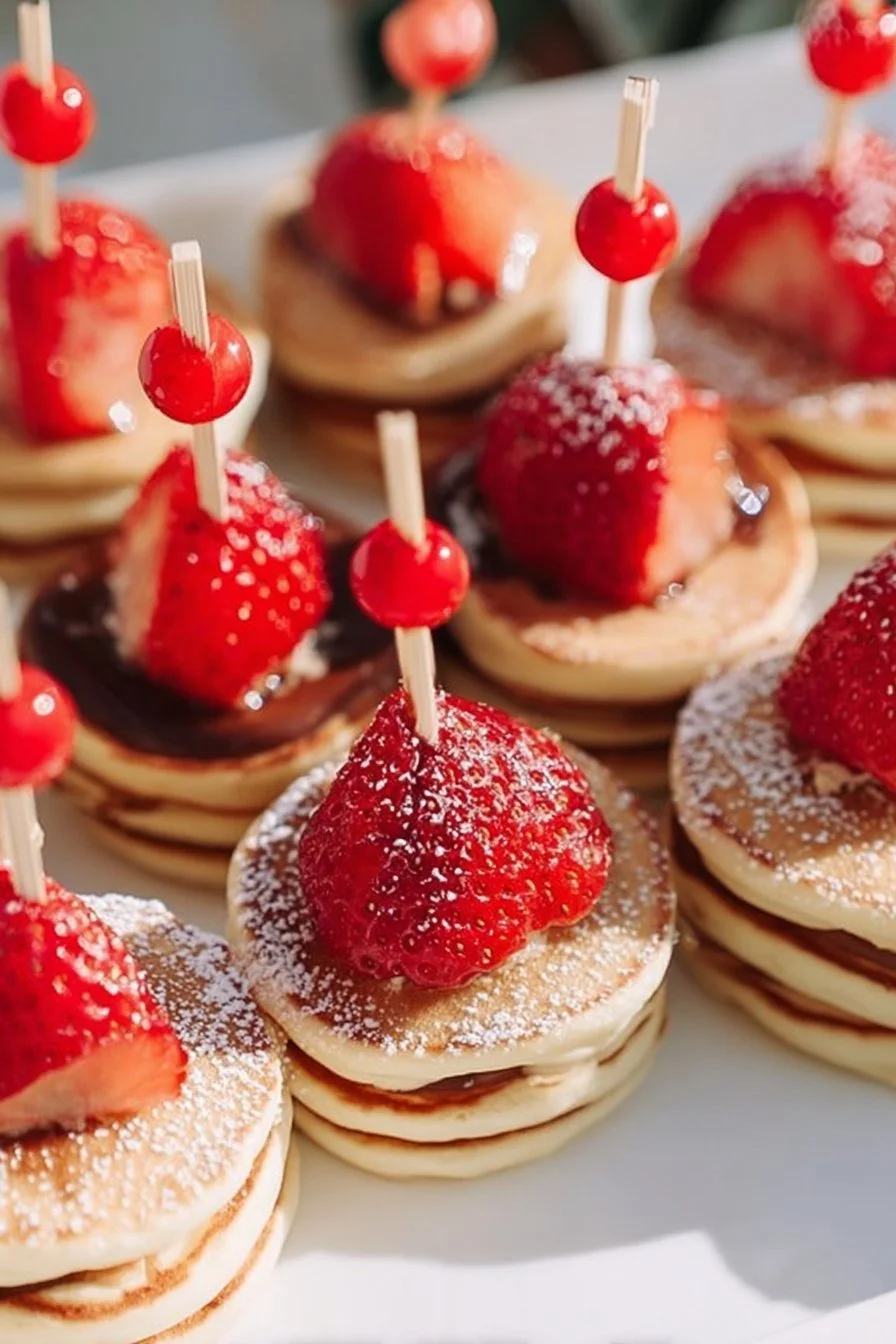Delicious mini Nutella pancake stacks topped with chocolate and berries