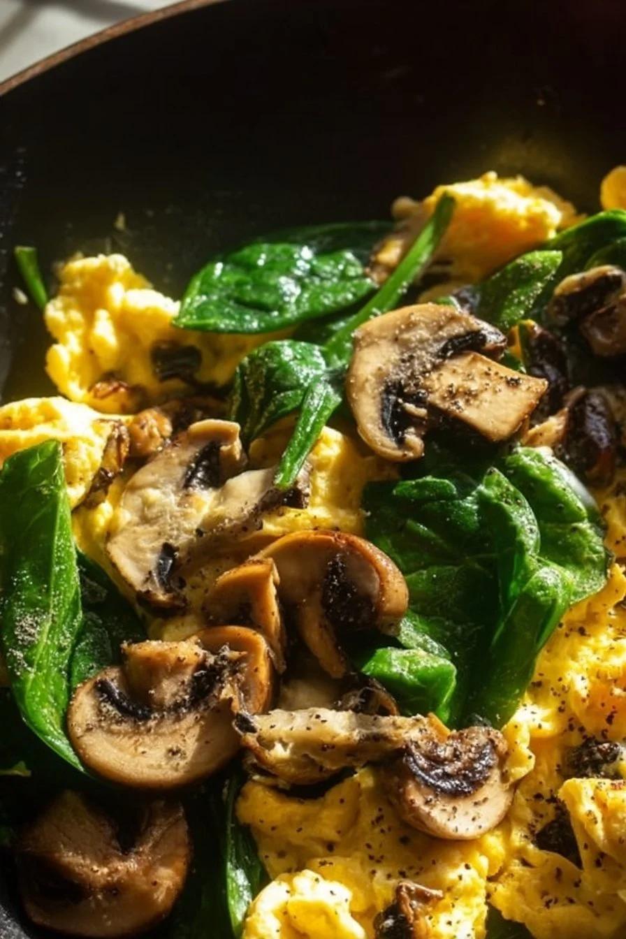 Mushroom Spinach Scrambled Eggs served on a plate with herbs