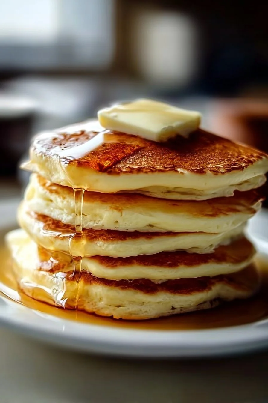 Stack of old-fashioned pancakes topped with syrup and fresh berries