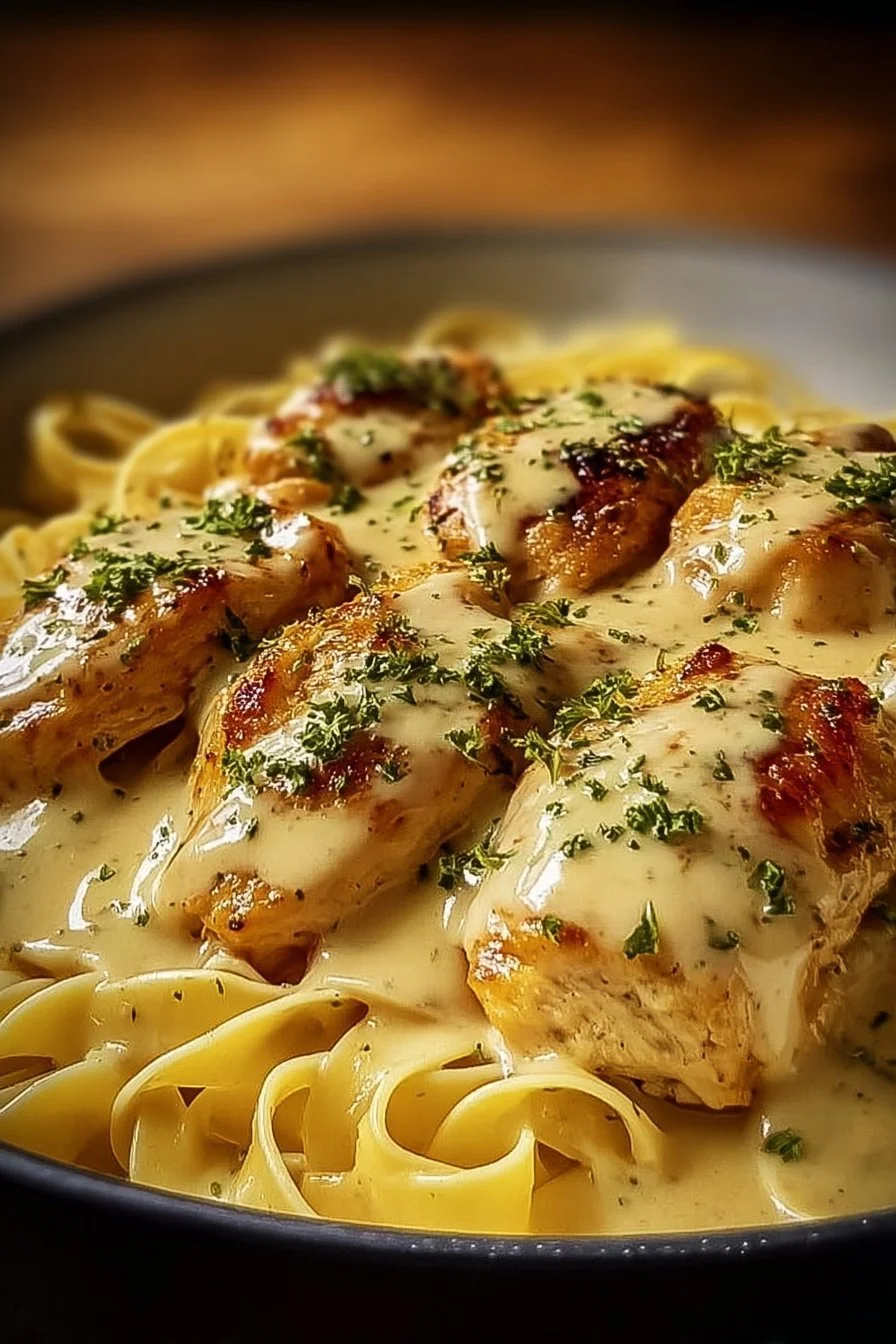 One-Pan Chicken served with Buttered Noodles on a plate