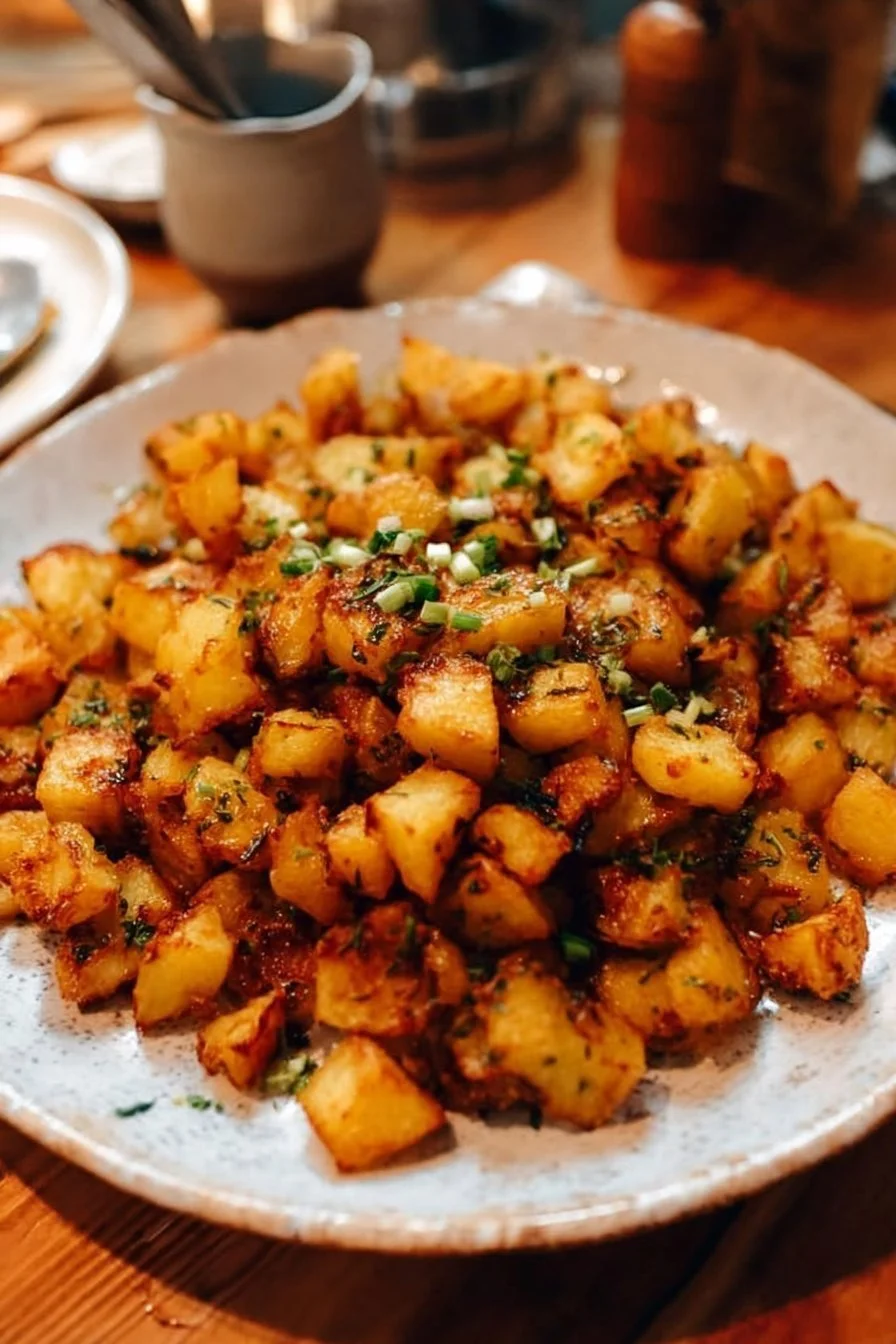 Oven-roasted breakfast potatoes served in a bowl with herbs