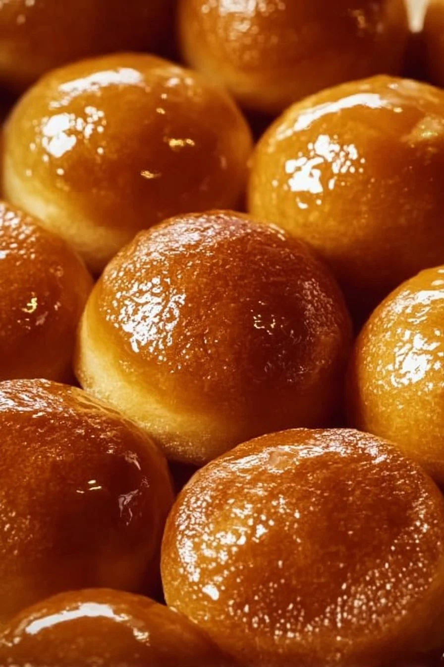Plate of freshly made Pancake Poppers with syrup and fruit toppings