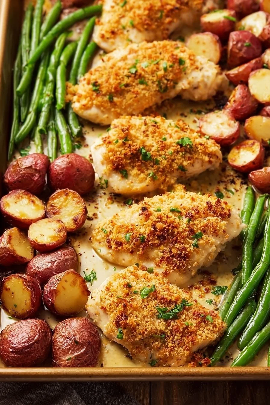 Delicious Parmesan Crusted Chicken on a sheet pan with roasted vegetables.