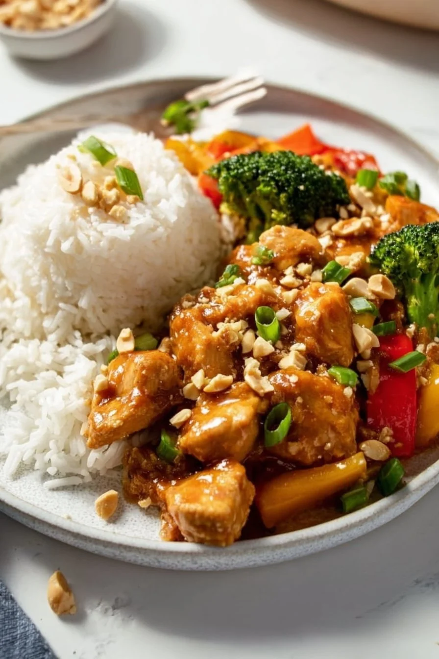 Plate of peanut butter chicken garnished with herbs and served with rice