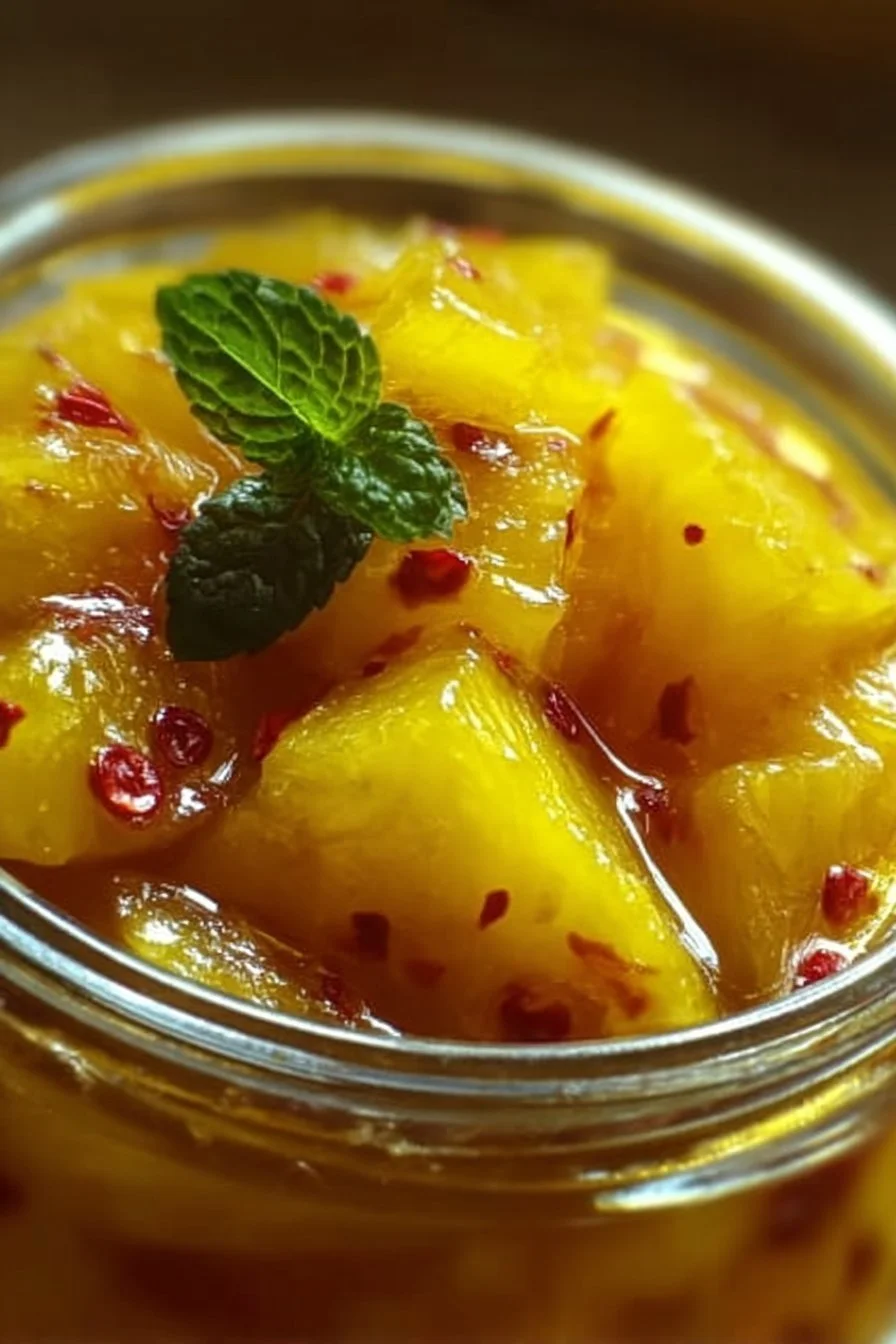 Pineapple Cowboy Candy - sweet and spicy pineapple slices in a sugary syrup.