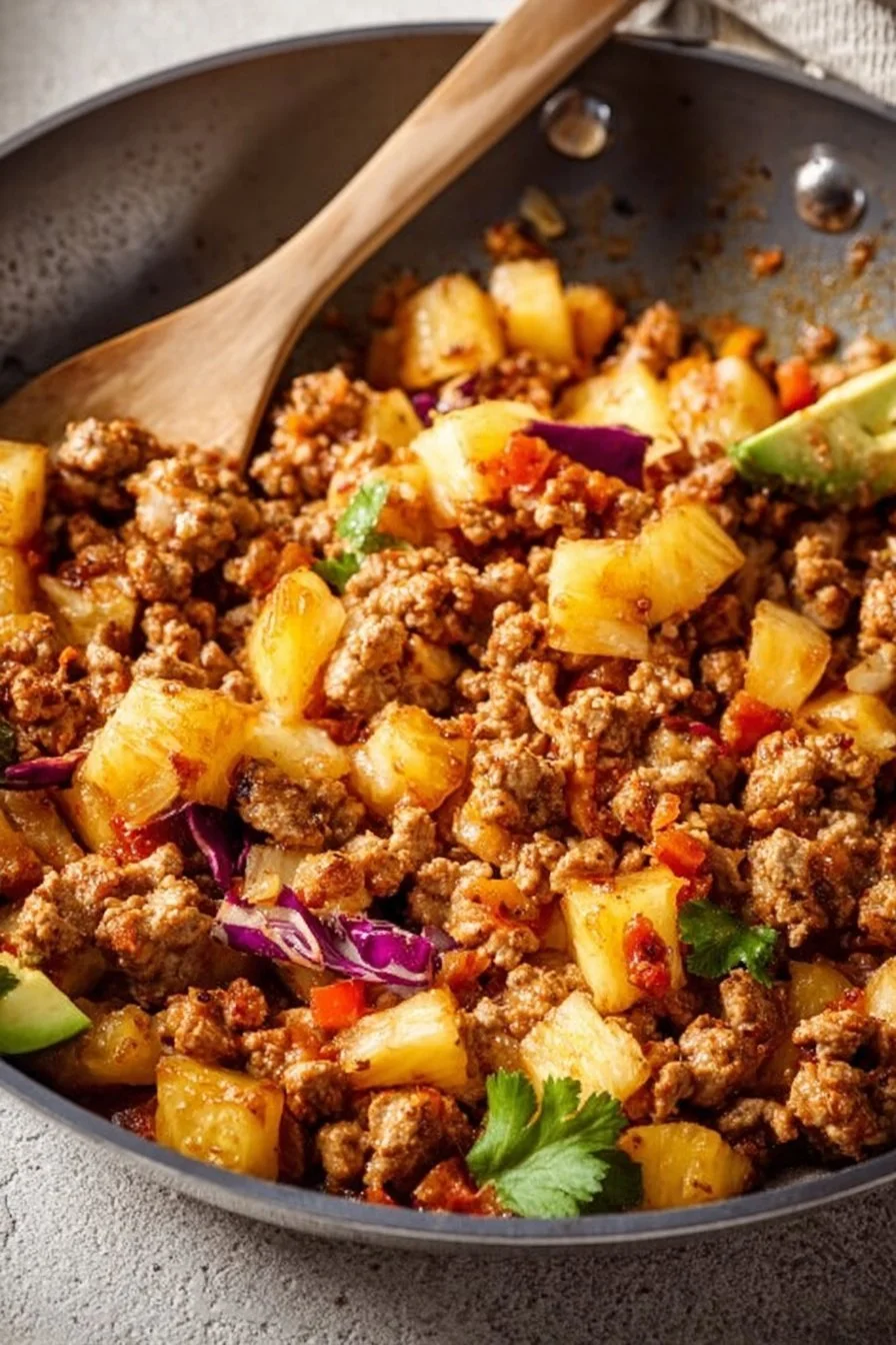 Pineapple Turkey Tacos garnished with fresh pineapple and herbs