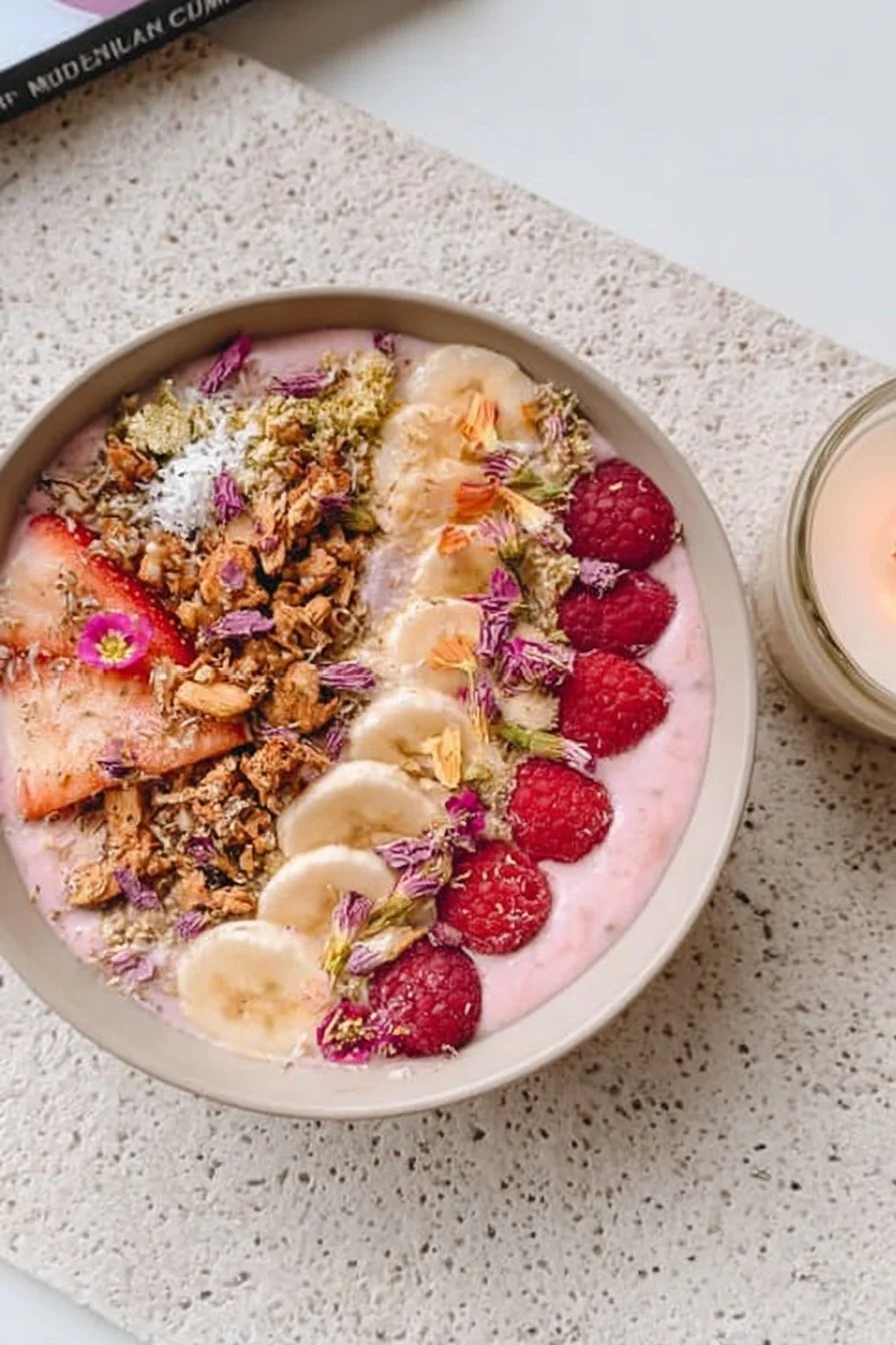 Pink Raspberry Smoothie Bowl topped with fresh fruits and granola