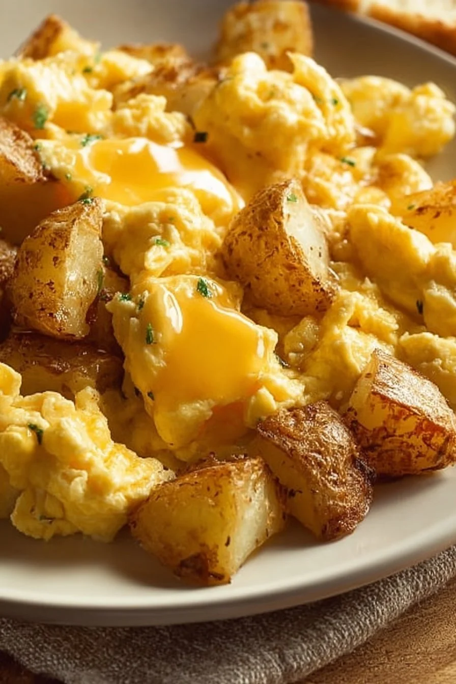 Delicious Potato Parmesan Breakfast Scramble with fluffy eggs and cheese