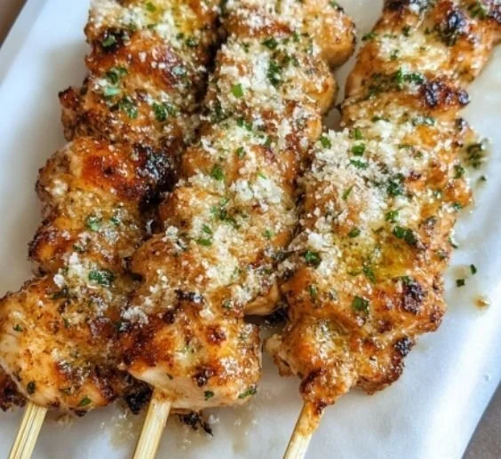 Ranch Garlic Parmesan Chicken skewers on a serving plate