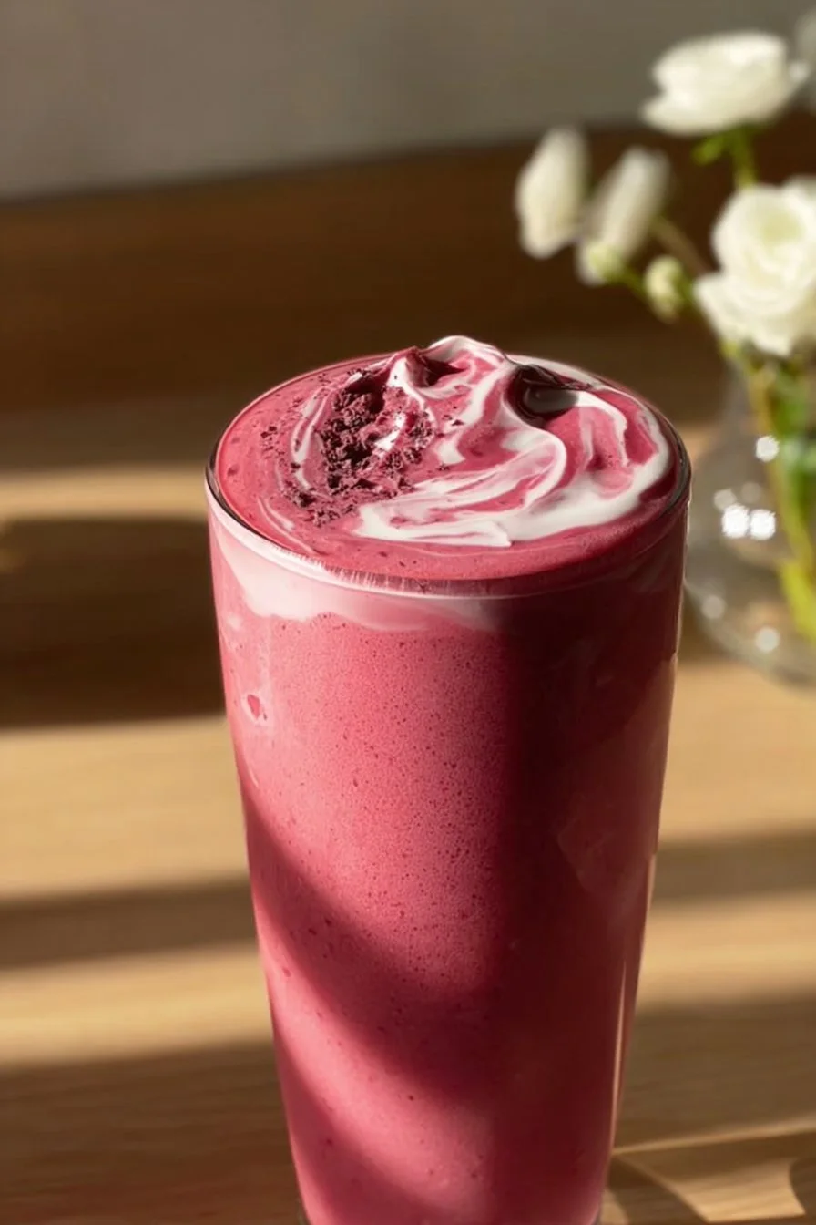 Refreshing Raspberry Cream Smoothie in a glass topped with fresh raspberries