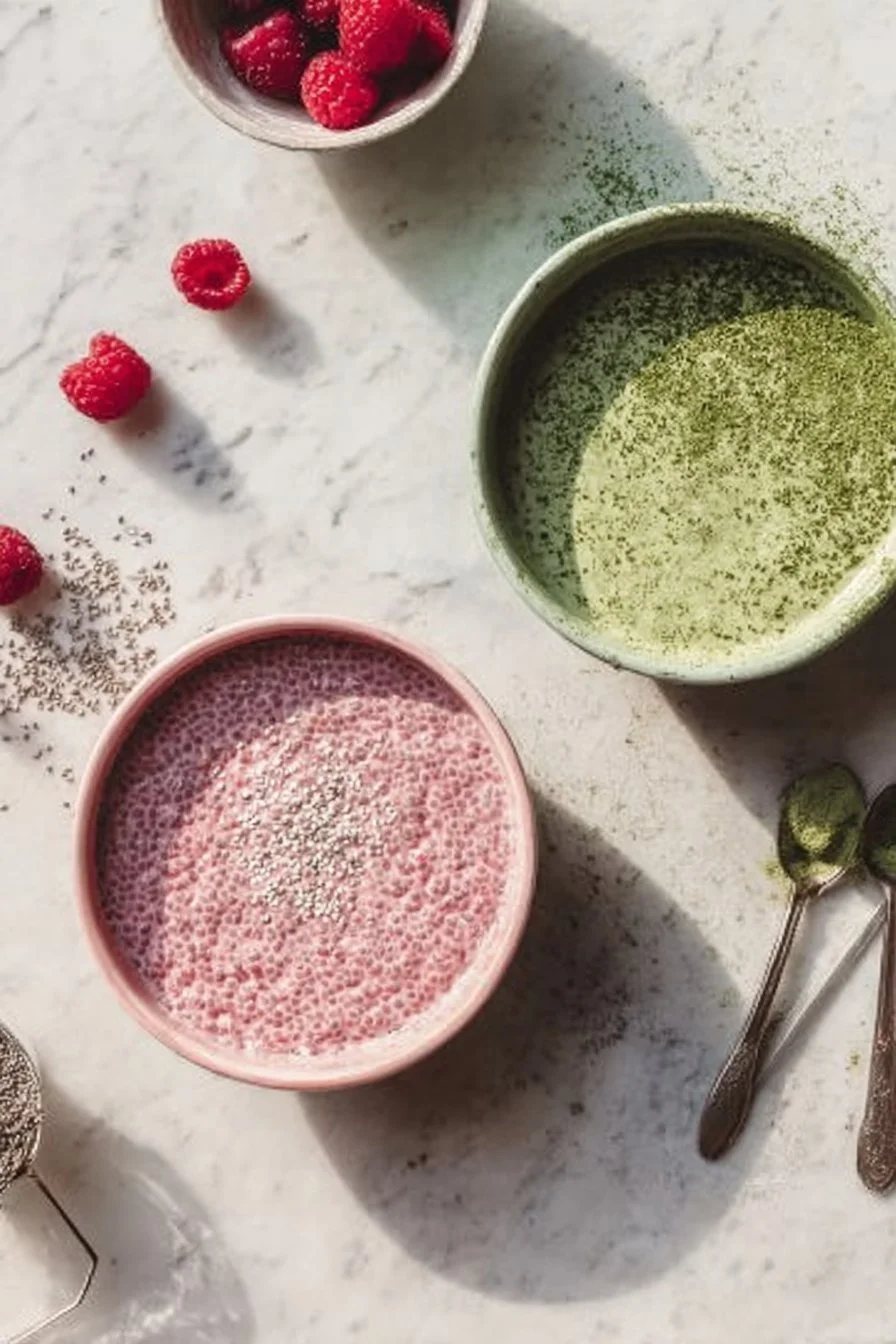 A bowl of Raspberry Matcha Chia Pudding topped with fresh raspberries.