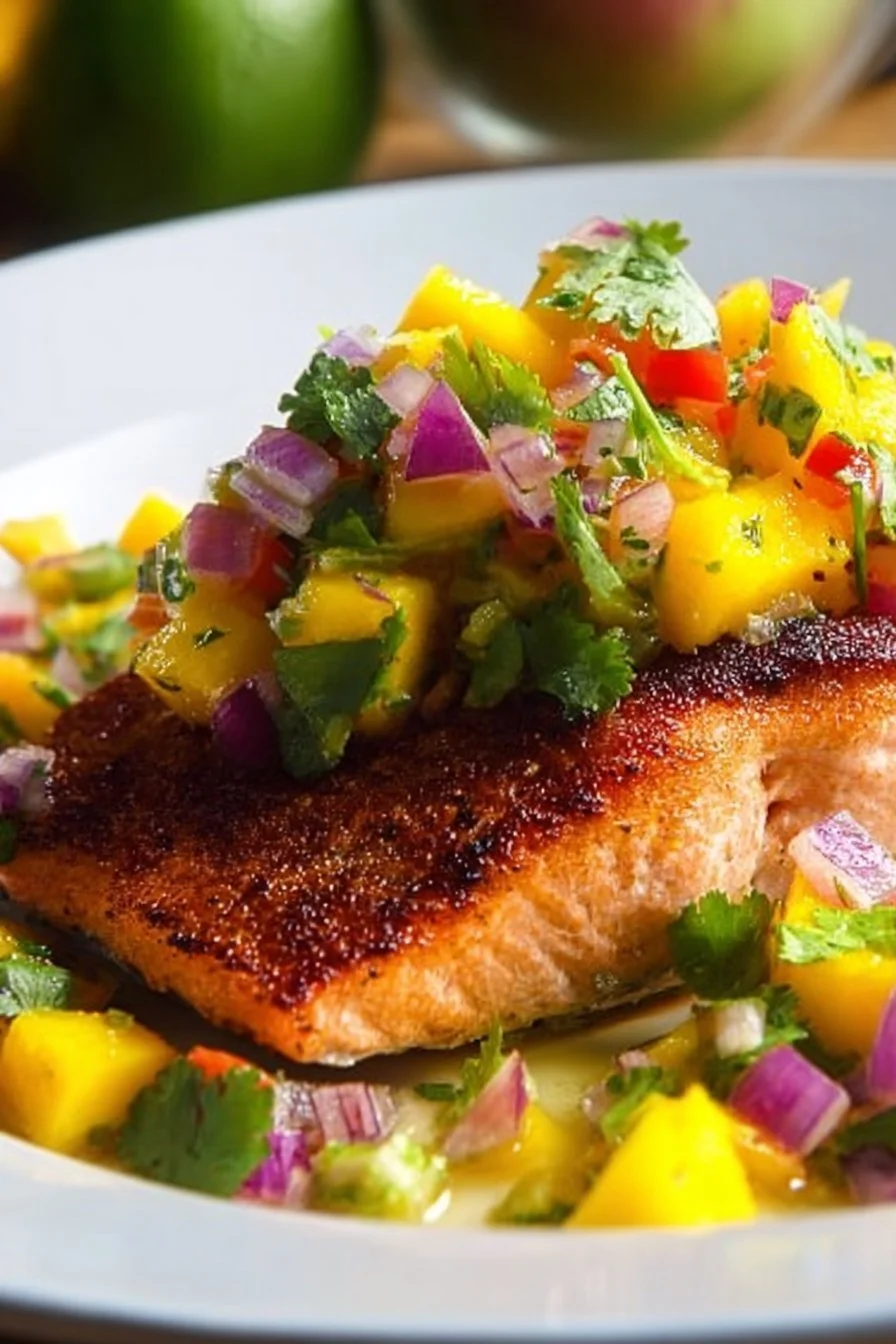 Delicious salmon bowl featuring coconut rice and fresh mango salsa