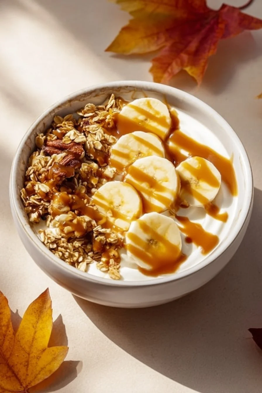 Delicious salted caramel banana yogurt bowl topped with fresh bananas and caramel drizzle