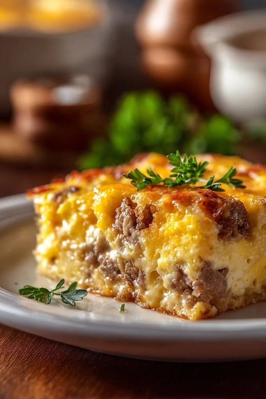 Delicious sausage and egg casserole served in a baking dish with fresh herbs