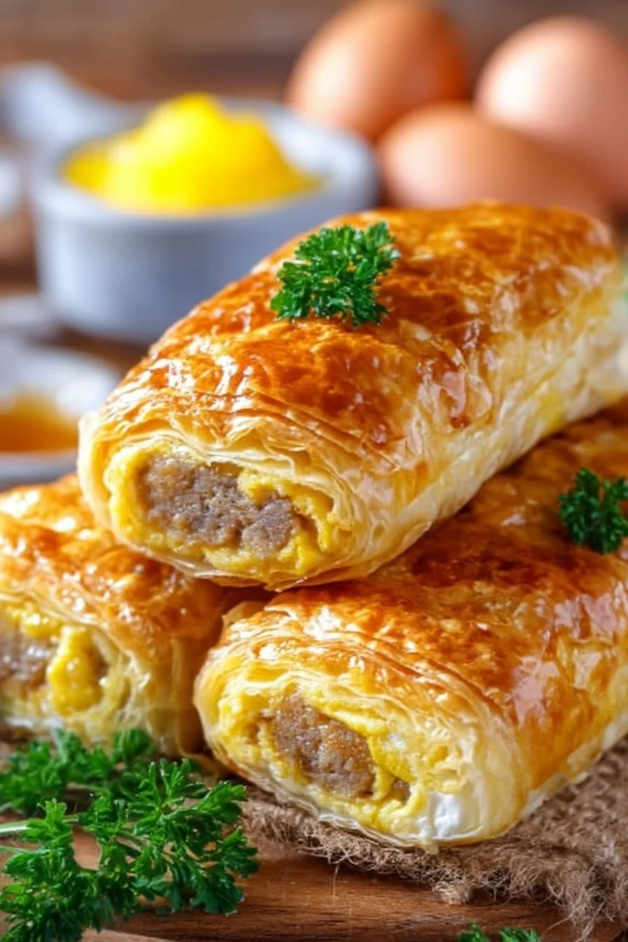 Sausage egg breakfast roll-ups served on a plate