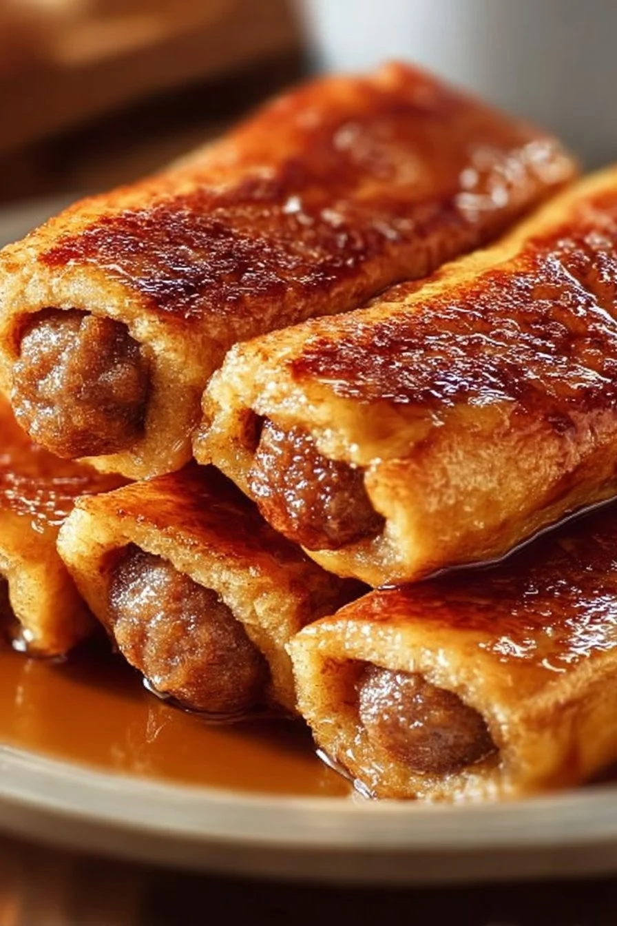 Sausage French Toast Roll-Ups on a plate with syrup drizzle
