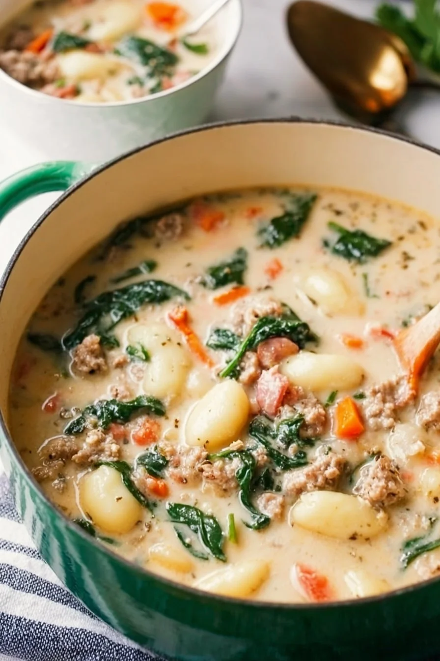 Bowl of hearty Sausage Gnocchi Soup topped with herbs