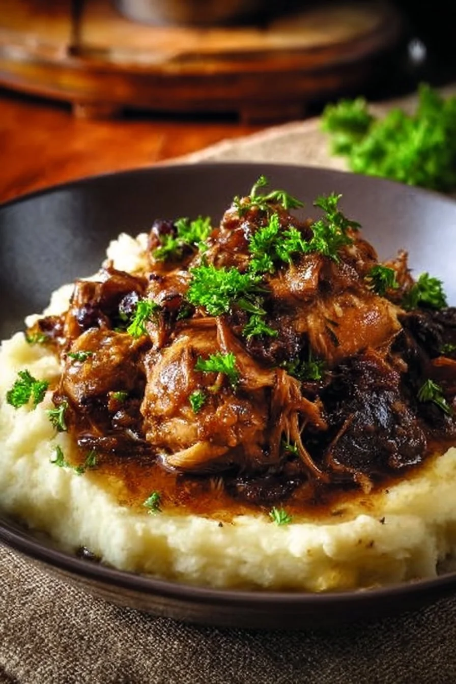 Savory slow-cooked crockpot chicken served with fresh herbs