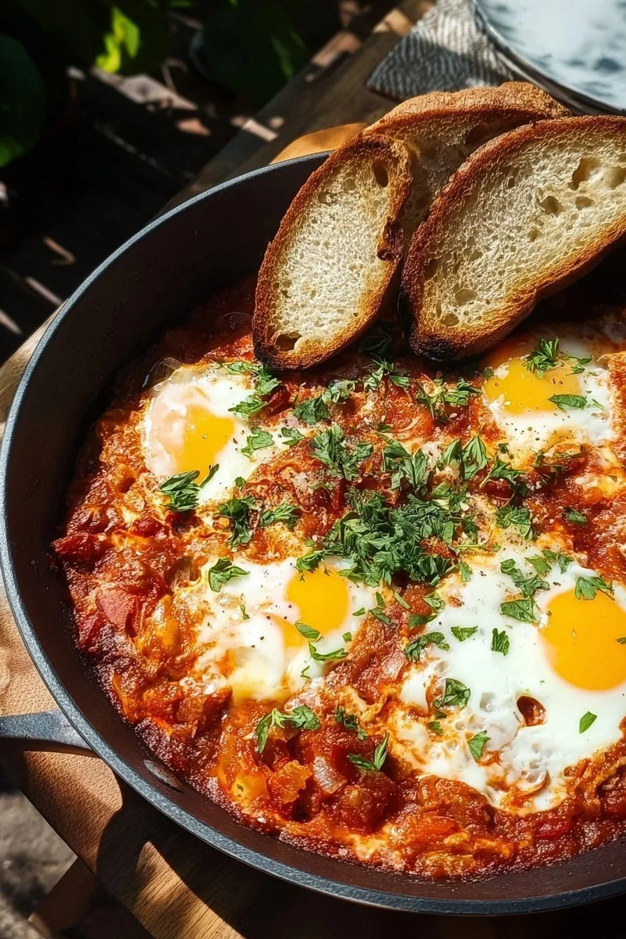 Delicious Shakshuka with poached eggs in a spicy tomato sauce